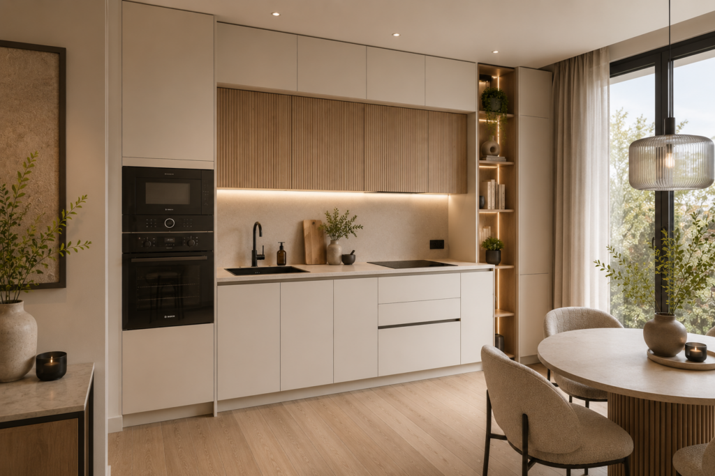 Mała kuchnia premium w stylu modern organic – zabudowa na wymiar, jasne fronty, ryflowane drewno, jasny blat i czarne detale. Inspiracja do nowoczesnego apartamentu.